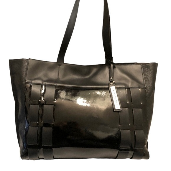 Via Spiga Black Woven Patent Pebbled Leather Bag